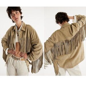 Free People We The Free Fringe Out Vegan Suede Jacket Smoked Green